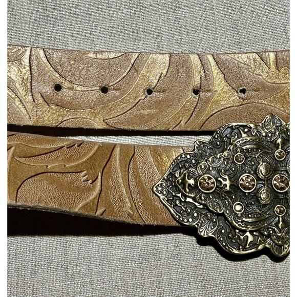 Juliana Collezione Belt MED‎ Tooled Metallic Italian Leather Rhinestone Buckle - Picture 1 of 15